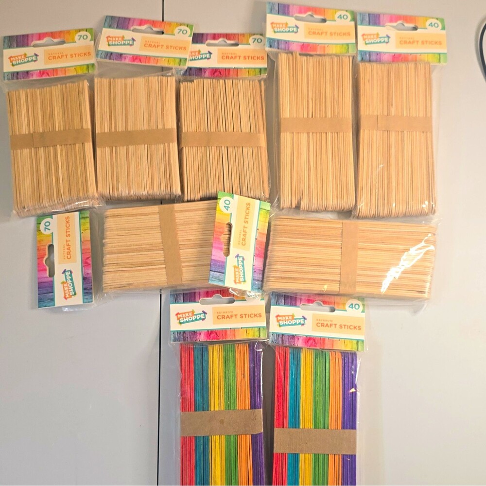 B10Make + Shoppe Wood Craft Sticks, Rainbow Colored & Unfinished, Assorted Packs